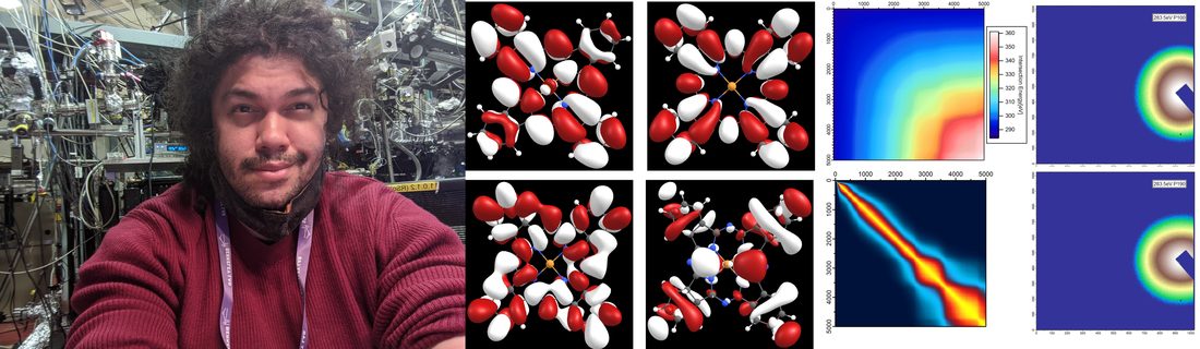 Victor Murcia at a synchrotron beamline, beside figures from his research: DFT molecular-orbital isosurfaces, spectral correlation matrices, and resonant soft X-ray orientation maps.